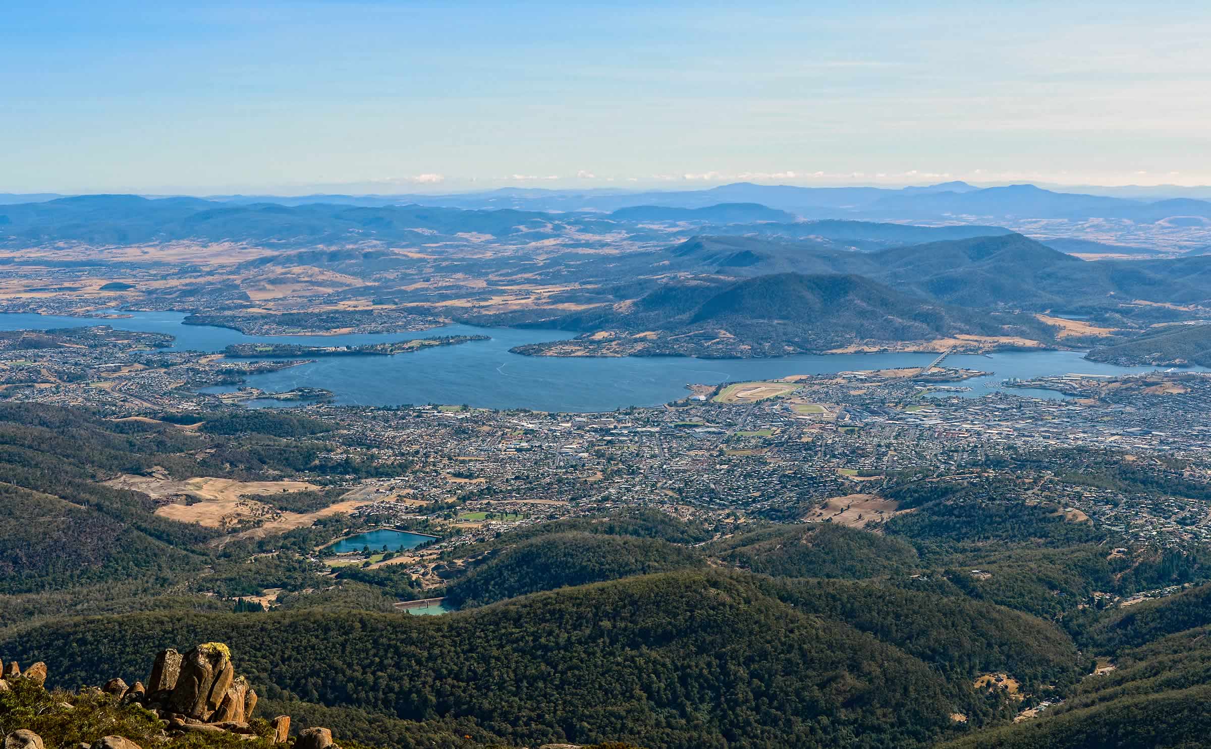 View of Hobart city from kunanyi / Mount Wellington. Image: Tourism Tasmania / Rob Burnett.